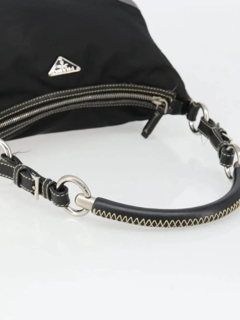 PRADA Shoulder Bag Nylon Leather Black Silver Auth 179529A